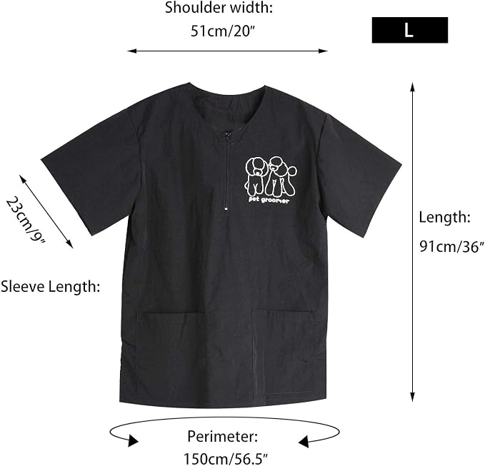 Noverlife Unisex Pet Grooming Smock & Pants, Splash Proof & Hair Repellent | Black, Anti-Static Dog Cat Grooming Workwear Clothes with Pockets, Hair Repellent Working Shirt & Trousers for Pet Groomer
