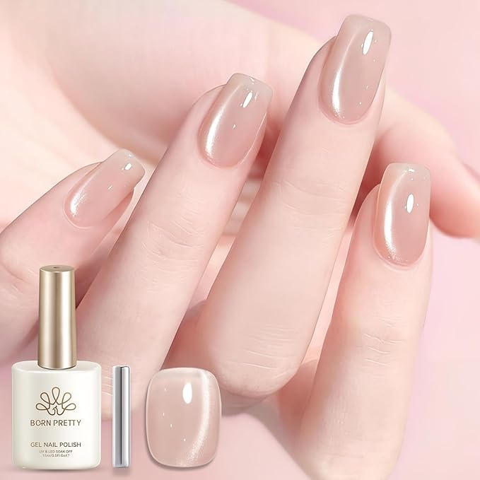 Born Pretty Glassy Nude Cat Magnetic Eye Gel Nail Polish,Glitter Nude Light Pink Jelly Translucent Magnetic Gel Polish,Soak Off U V Gels Nail Art Design Salon DIY Home 15ML