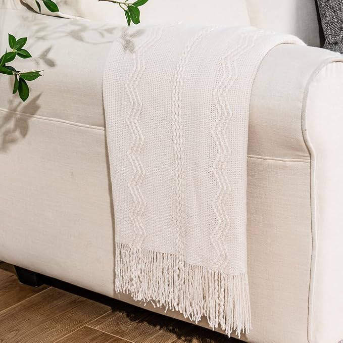 BATTILO HOME Cream Throw Blanket for Couch, Bedroom Decor Boho Throw Blanket, Decorative White Blanket Throw for Sofa Living Room, 50"x60"