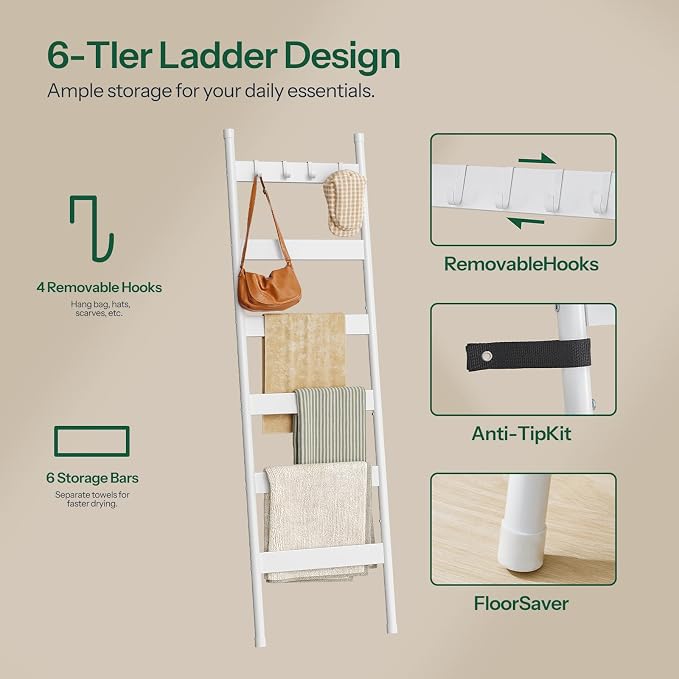 HOOBRO Blanket Ladder, 6-Tier Towel Rack with Hooks, Wall-Leaning Blanket Rack, Decorative Display Ladder Shelf, for Scarves, Industrial, Living Room, Bedroom, White WW66CJ01