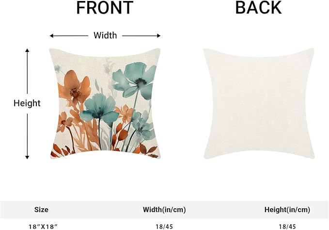 Floral Pillow Covers 18x18 Inches Set of 2 Fall Orange Teal Floral Throw Pillow Cover Outdoor Summer Flower Decoration Pillowcase Farmhouse Decorative Square Cushion Cover Decor for Home Sofa