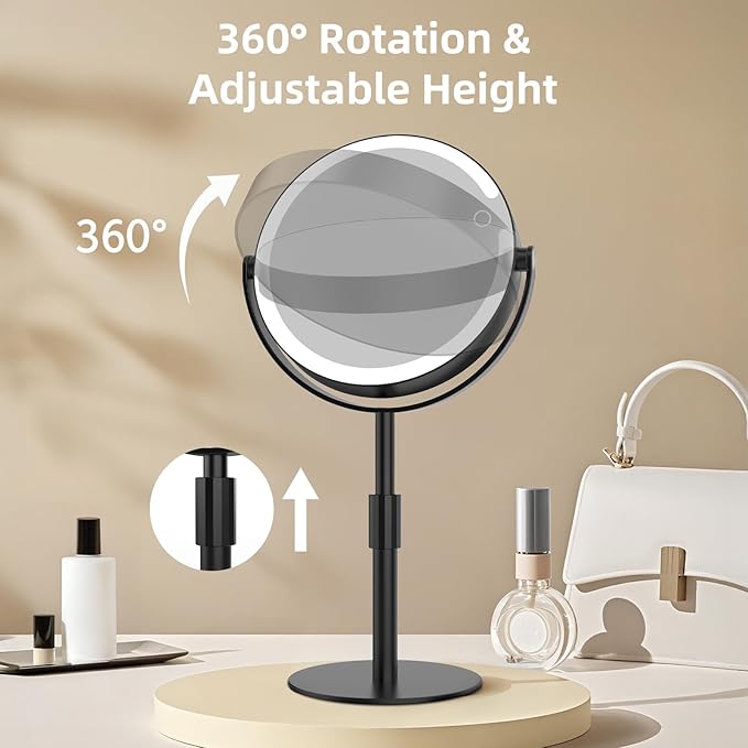 FRANO Makeup Mirror with Lights, 8" Double Sided 1x/10x Magnifying Vanity Mirror with 3 Color Lights, Rechargeable, 360° Rotation and Adjustable Height, Gift for Women Her