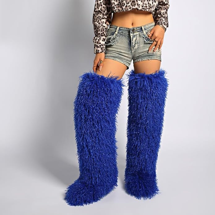 SWEETHEART BEAUTY Thigh High Shagy Teddy Fur Boots, 29 Inch Over the Knee Length Fluffy High Boots, Tall Furry Shoes For Women