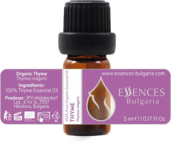 Essences Bulgaria Organic Thyme Essential Oil 1/6 Fl Oz | 5ml | Thymus vulgaris | 100% Pure and Natural | Undiluted | Therapeutic Grade | Family Owned Farm | Steam-Distilled | Non-GMO | Vegan