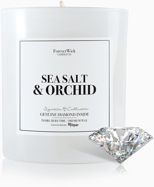Foreverwick Sea Salt & Orchid Candle | Royal Essence Candle with Diamond Inside | Cleansing Sage Aroma | Strong Scented Candles for Decor | 14 oz & 70 Hours Burning Time