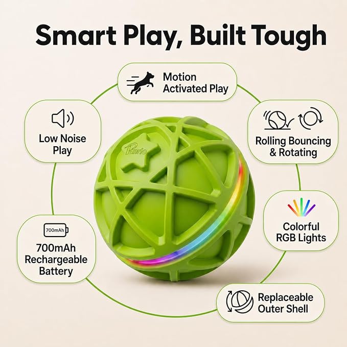 Interactive Dog Ball Toy,Motion-Activated,Rolling&Bouncing,RGB Light