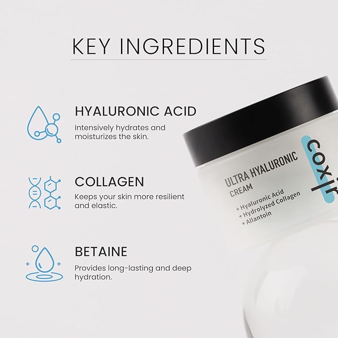 coxir Ultra Hyaluronic Cream– Intense Hydration Moisturizer for Dry, Dehydrated Skin | Hyaluronic Acid & Aloe Vera | Lightweight Korean Face Cream for Winter Dryness & Glowing Skin 50ml (1.69 fl oz)