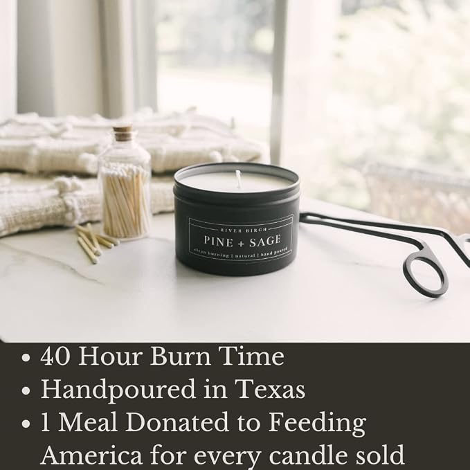 River Birch Candles Pine + Sage Scented Candle | Premium, All-Natural, Non-Toxic, Soy Candles | 8 oz. Black Matte Tin Travel Candle | Cozy Relaxing Gifts for Home