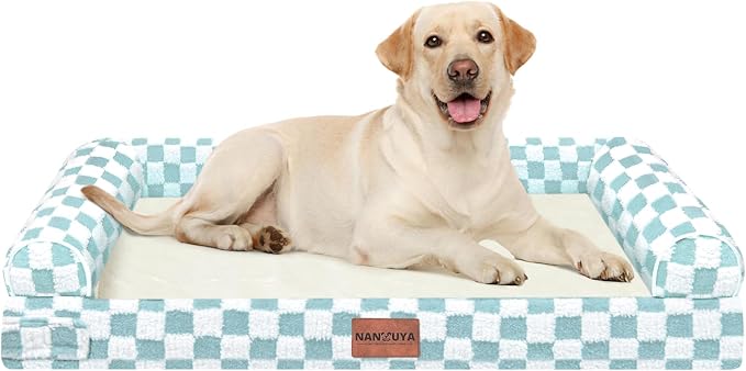 Orthopedic Dog Bed for Large Dogs, 38 x 25 Inch, Green Grid | Egg crate foam for joint support, 3-sided bolster pet sofa, waterproof lining, washable cover, and non-skid base
