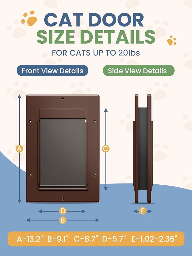 Cat Door with Soft Magnetic Flap, Pets Up to 20 lb, Brown