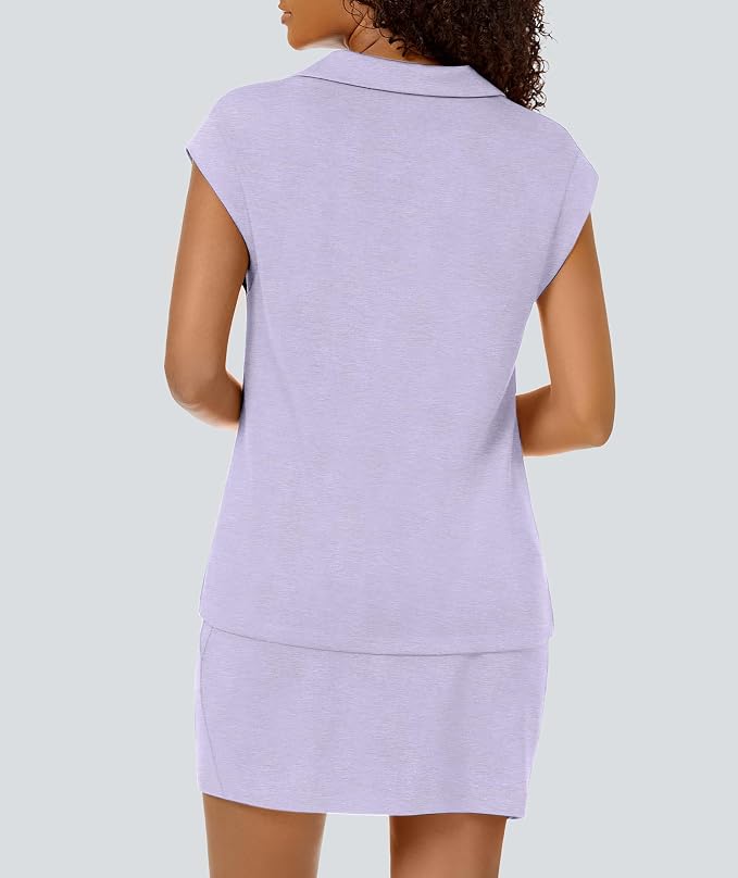 Casly Lamiit Womens Two Piece Skirt Sets Casual Cap Sleeve Lapel V Neck Tops Summer Travel Outfits Short Tennis Skort Set