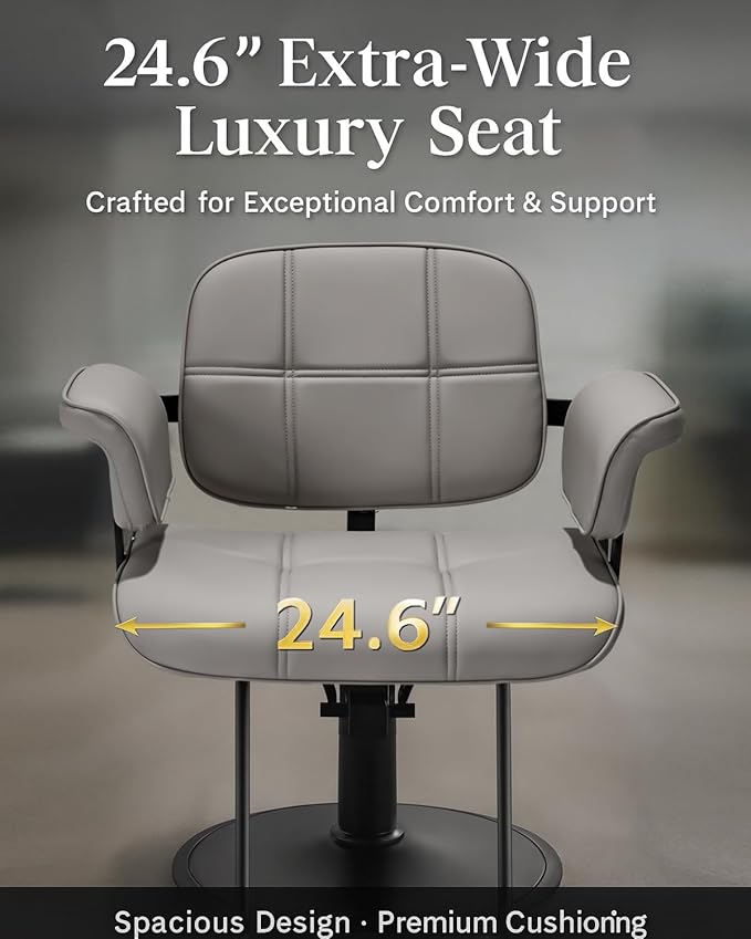 Barber Salon Chair, Extra Wide Hair Styling Chair with Heavy Duty Hydraulic Pump, 360° Swivel Height Adjustable Braiding Design, Luxury Beauty Salon and Barbershop Equipment, Grey
