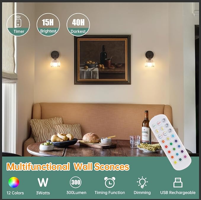 Shenmoyl Vintage Battery Operated Wall Sconce with Transparent Tulip Glass Lampshade Rechargeable Battery Powered Black Wall Light with Remote Control for Bedside Bedroom Doorway, Set of 2