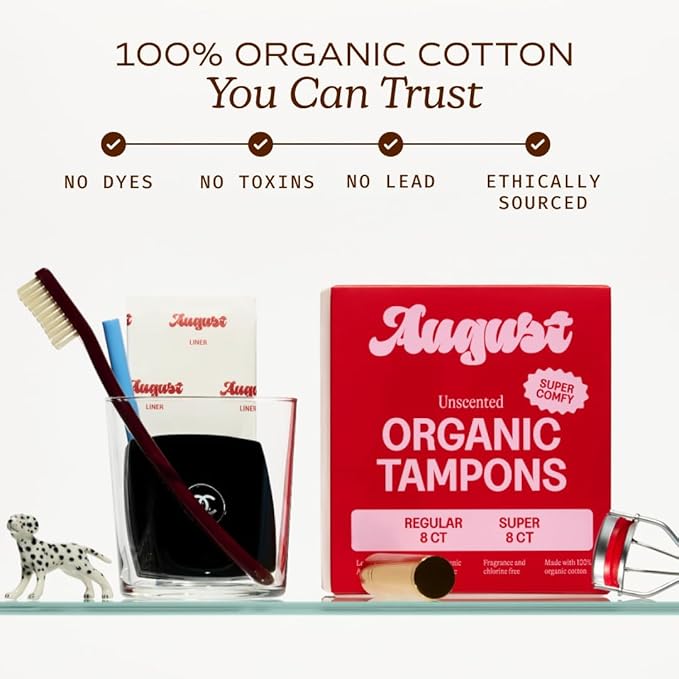 August Regular and Super Tampons - Easy-Glide Long Applicators - 72-Pack (36 + 36) 100% Organic Cotton Tampons for Women, Non-Toxic, Fragrance-Free, and Hypoallergenic
