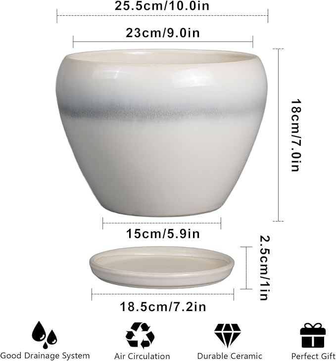 Ceramicfor 10 Inch Ceramic Planter Pot - Large Plant Pot with Drainage Hole and Saucer Round Flower Pot for Indoor Plants, White