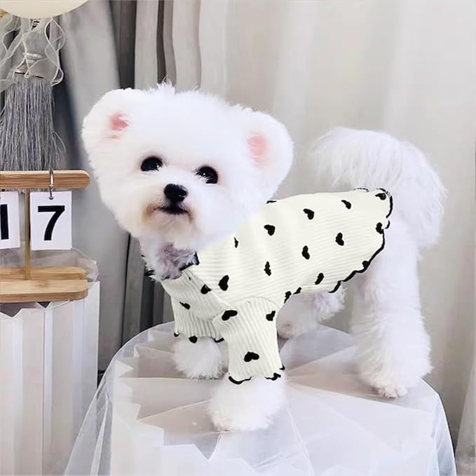 Pet Clothes for Small Dogs Cat Summer Fall Heart Print Shirt Stretchable Ruffle Long Sleeve Outfits for Chihuahua Schnauzer Shih Tzu Yorkie (Beige, X-Small)