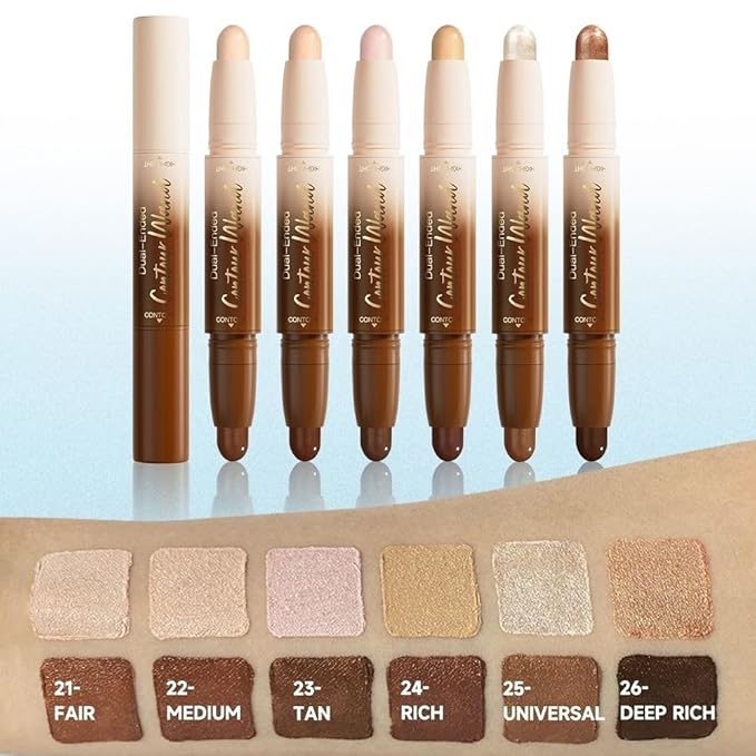 2in1 Cream Contour Highlighter Stick, Neutral Bronzer Makeup Sticks, Applies Dual-Ended Sculpting Stick for Face Body, Long Lasting No Smudging, Suitable for Makeup Beginners-Deep Rich