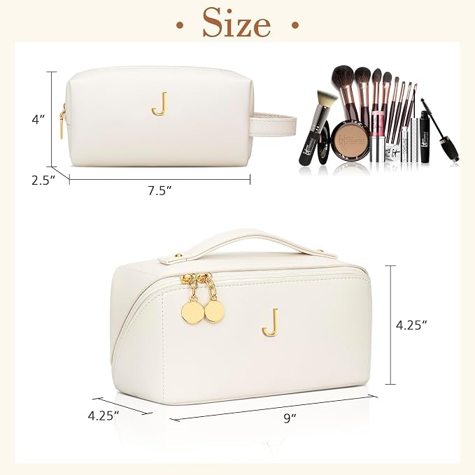 KKXIU Initial Makeup Bag for Women - Personalized Makeup Bag Gifts for Women, Travel Toiletry Bag with PU Leather, Open Flat Design with Top Handle, Cosmetic Bag Set with Multi-Pocket (Beige,J)