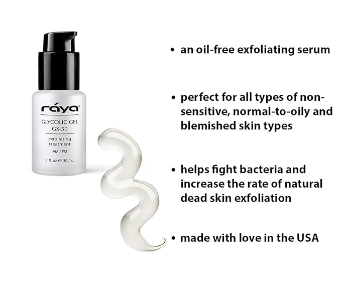 Raya Glycolic Gel GX-50 | Face Exfoliator & Serum | Against-Wrinkle Facial Serums with AHA for Oily & Break-Out Skin | Clears Blemishes, Reduces Oiliness & Fine Lines