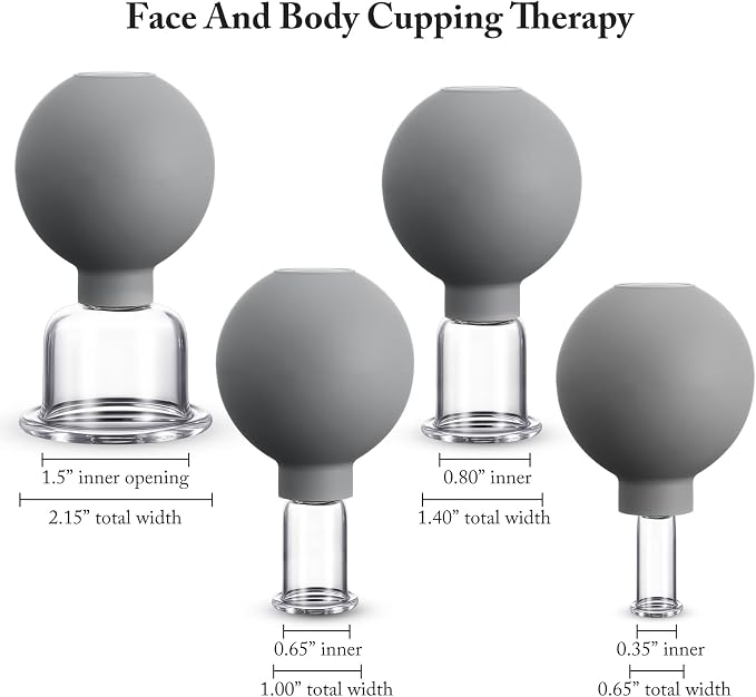 BBTO 4 Pcs Glass Facial Cupping Set Silicone Vacuum Suction Massage Cups Skin Tightening Therapy for Face Body Eyes Back Shoulder Pain(Grey)