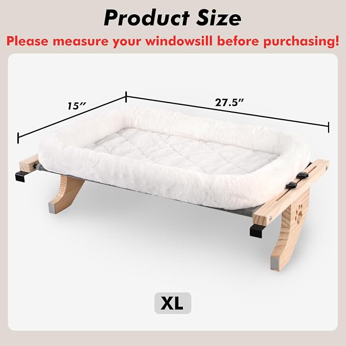 AMOSIJOY Wooden Cat Windowsill Perch with Zipper Cushion Bed, 27.5in | Sturdy Wood & Metal Frame Hold up to 40lbs, Machine Washable, Easy to Adjust, Hook-on Mounting Cat Hammock Seat for Large Cat