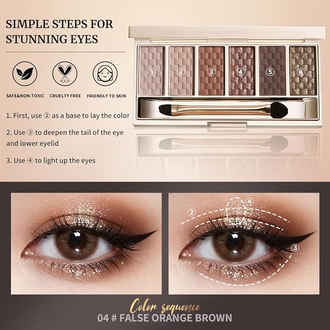 6 Color Shimmer Eyeshadow Palette with Mirror & Brush, Neutral Metallic Glitter Eye Shadow, High Pigmented Long Lasting Pressed Powder for Daily Makeup & Travel，Paleta de Sombras
