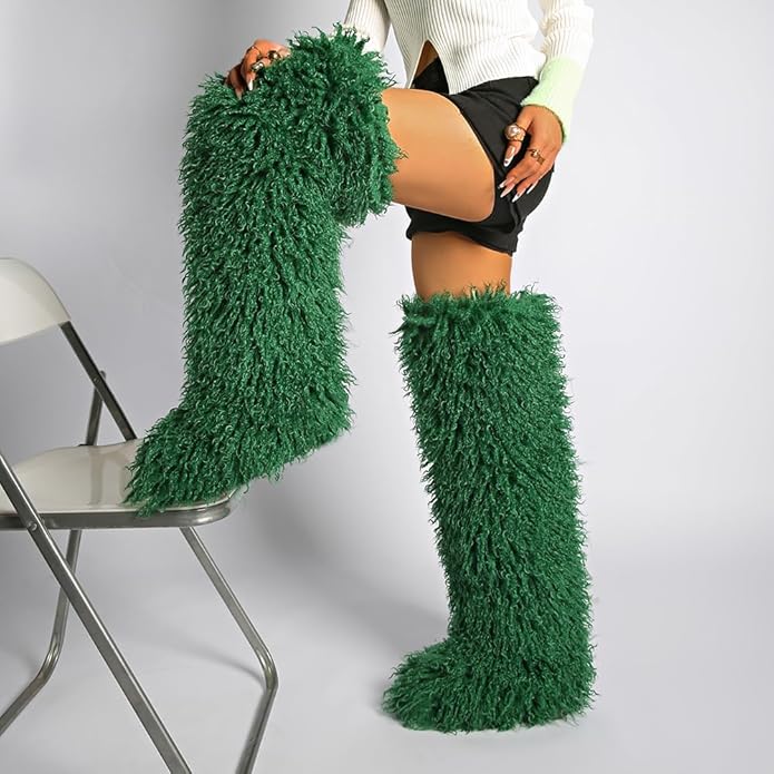 SWEETHEART BEAUTY Thigh High Shagy Teddy Fur Boots, 29 Inch Over the Knee Length Fluffy High Boots, Tall Furry Shoes For Women