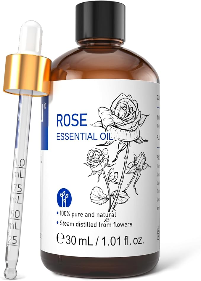 HIQILI Rose Essential Oil 1 Fl Oz, for Aromatherapy, Diffuser, Skin Care, Massage, Includes Premium Quality Glass Dropper | Premium Glass Dropper Included, Ideal for Aromatherapy, Relaxing Body Massage & Home Fragrance – 30mL / 1.01 fl oz