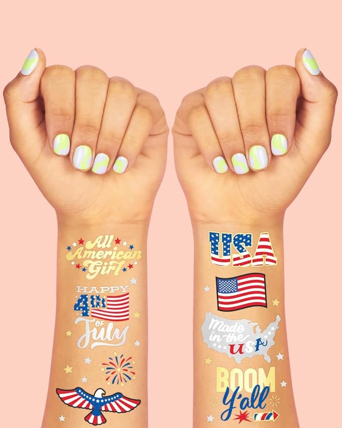 xo, Fetti Fourth of July Decorations Temporary Tattoos - 30 styles | America, Red White and Blue Party Supplies, 4th of July, USA,Memorial Day, Independence Day, Labor Day