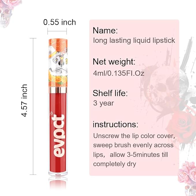 evpct 1Pcs Fire Red Matte Liquid Lipstick Lip Stain Sets for Women, Skull Face Bright Ruby Red Matte+Lipstick Long Lasting Permanent 24 hr Hours Magic Lipstick 24 Hours original Waterproof, 14#