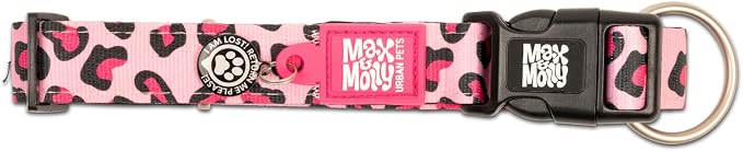 Max & Molly Urban Pets Smart ID Dog Collar - Soft Neoprene, Waterproof, Machine Washable, Power Buckle, Gotcha! QR Tag & Custom App Profile, Leopard Pink S