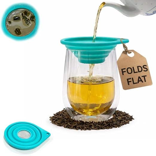 Ultra Fine Mesh Strainer, Collapsible, Small 4 Inch Silicone Funnel with 316 Stainless Steel Sieve, Tea Strainer for Loose Leaf Tea, Pour Over Coffee, Wine, Cocktails for Kitchen, Travel, Camping, RV