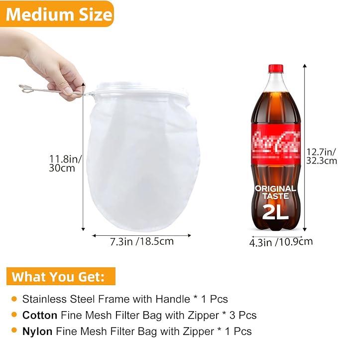 5 Pcs Premium Ultra Fine Mesh Strainer Bags with Stainless Steel Handle, Reusable Nut Milk Bags, Cheese Cloths for Straining Juice, NutMilk, Coffee, Thai Tea, Yogurt and Soup (Medium)