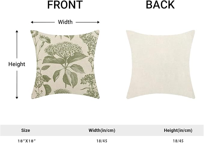 Floral Pillow Covers 18x18 Set of 2 Vintage Sage Green Hydrangea Herbs Botanical Throw Pillow Cover Outdoor Decoration Boho Flower Pillowcase Farmhouse Decorative Cushion Case for Home Sofa