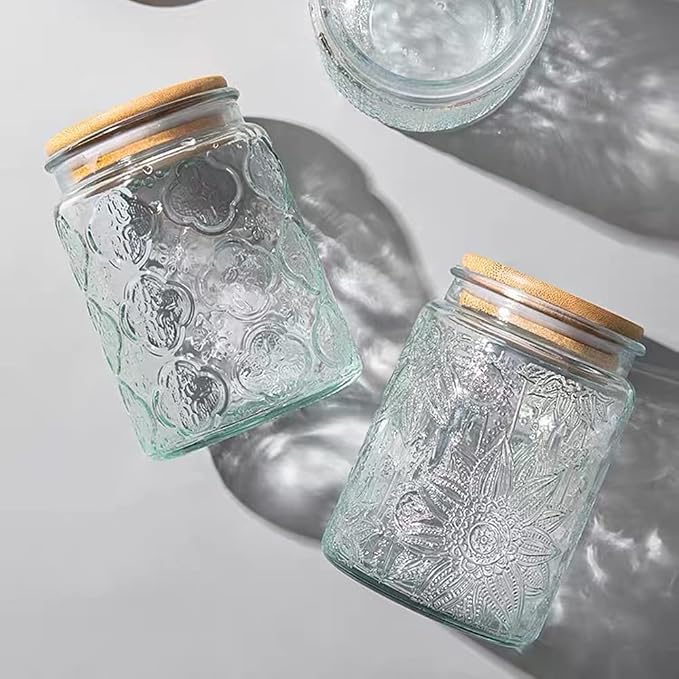 2 Pack Vintage Glass Jars with Lids, Airtight Coffee Storage Jars | Glass Food Storage Containers, Kitchen Canister Set for Coffee Tea Sugar Candy Cookie, Decorative Mason Jars, Cute Jars