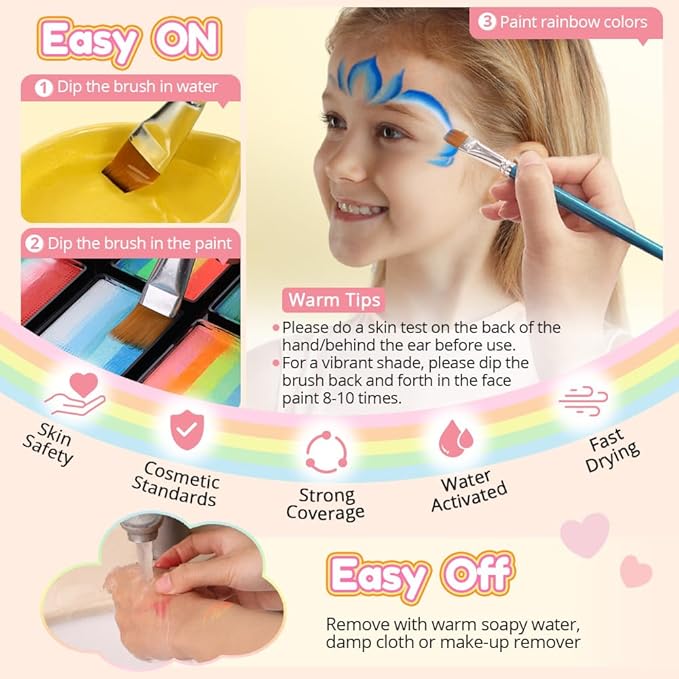 Janolia Rainbow Face Paint Kit - Water Activated, Split Cake Face Paint, Ideal for Kids Party, Halloween, Carnival, Easter
