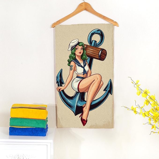 Vintage Pinup Sailor Girl Hand Towel Blue Anchor Face Towels Suit Travel Sports Pool Swimming Bath Camping Spa Gym Yoga,15x30 Inch
