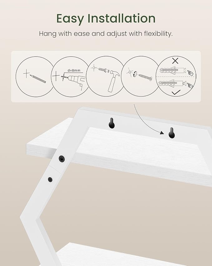 Hexagon Floating Shelves for Wall, Set of 2, 2 -Tier Hanging Shelves, Wall Mounted Storage Shelves, for Living Room, Bedroom, Kitchen, Home Office, Study, White TBJ06P2WB