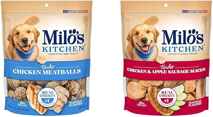 Milo's Kitchen Dog Treat Bundle: Chicken Meatballs 18 Ounce + Chicken & Apple Sausage Slices 18 Ounce