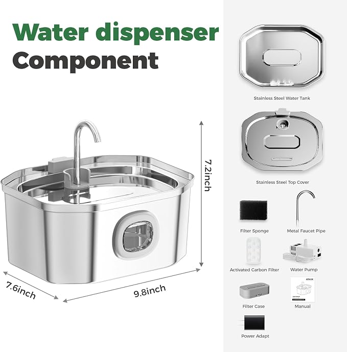 Cat Water Fountain, Apauk 108oz/3.2L Silent cat Water Fountain Stainless Steel, Cat Fountain, Automatic Pet Water Fountain,Dog Bowl, Controllable Blue Light - (2 Filters& 2 Sponges)