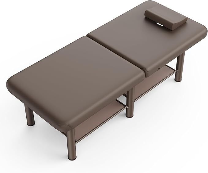Folding Stationary Massage Table with Backrest and Storage Space, 6 Round Legs Metal Frame PU Leather, 30.5'' Wide × 75'' Long for Treatment Table Physical Therapy Table Spa Facial Bed, Brown