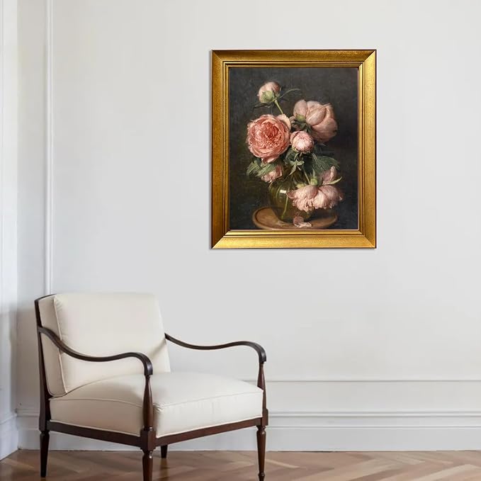 Gold Framed Pink Peonies Flower Oil Painting on Canvas Vintage Dark Floral Wall Art Farmhouse Picture Wall Decor Moody Canvas Print for Living Room Bedroom Bathroom Decor
