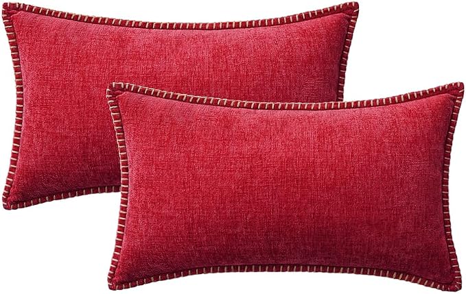 MIULEE Decorative Lumbar Throw Pillow Covers 12x20 Inch Red 2 Pack | Farmhouse Pillow Covers with Stitched Edge, Soft Chenille Cushion Cases, for Couch Sofa Bed Living Room Home Decor