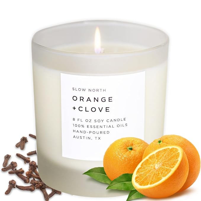 Slow North Orange + Clove Candle - Essential Oils and Pure Soy Wax Candle in a Reusable Frosted Glass Jar - A Unique and Mindful Scented Candle Hand-Poured in the USA (8 oz)