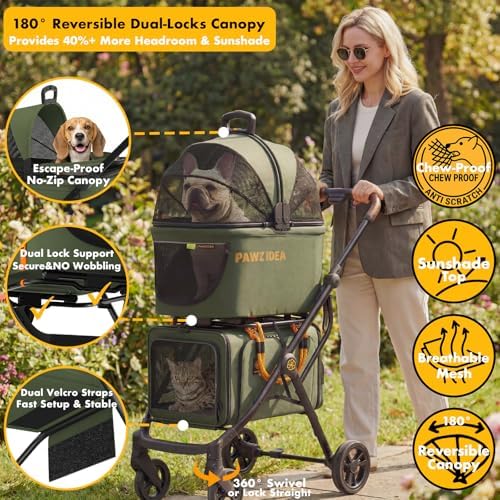 PAWZIDEA Double Pet Stroller with 2 Detachable Carrier for Multiple Pets