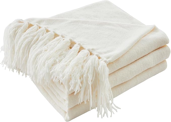 CozeCube Chenille Throw Blanket, Cream White Fringe Blanket, 50"X60" | For Couch, Cozy Plush Fuzzy Decorative Blanket with Fringe Tassels, Lightweight Throws for Bed Sofa Gift Home Decor