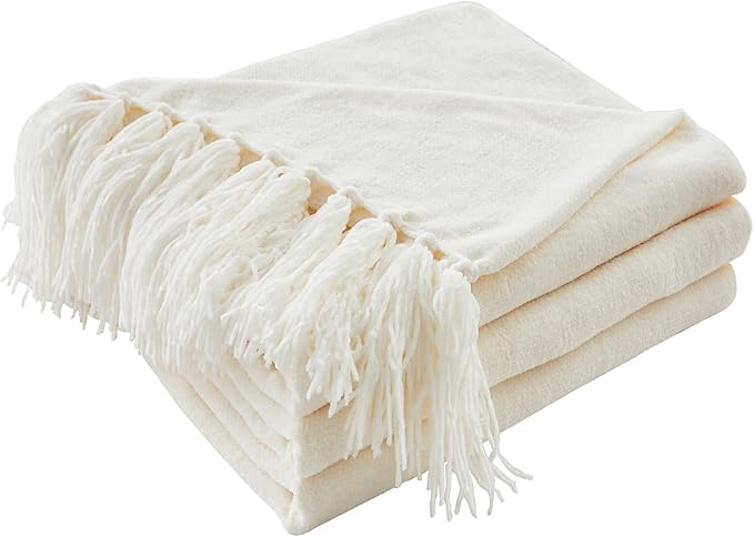 CozeCube Chenille Throw Blanket, Cream White Fringe Blanket, 60"X80" | For Couch, Cozy Plush Fuzzy Decorative Blanket with Fringe Tassels, Lightweight Throws for Bed Sofa Gift Home Decor