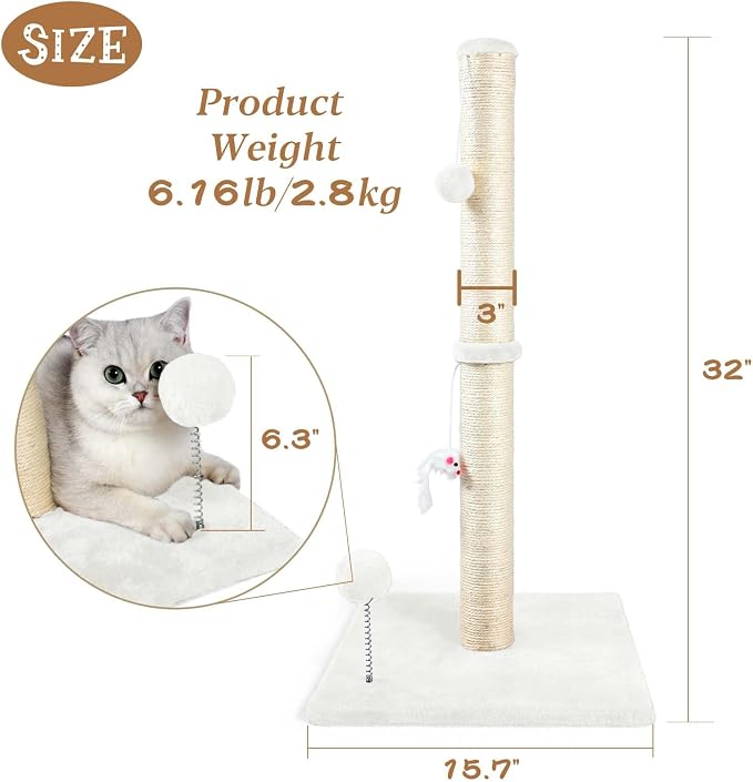 ANWA 32" Tall Sisal Cat Scratching Posts Tree for Indoor Cats Adults, White | Sisal Cat Scratcher, Small Space, Cat Post with Dangling Plush Toys for Indoor Cats, 15.7" Stable Base, Cat Furniture