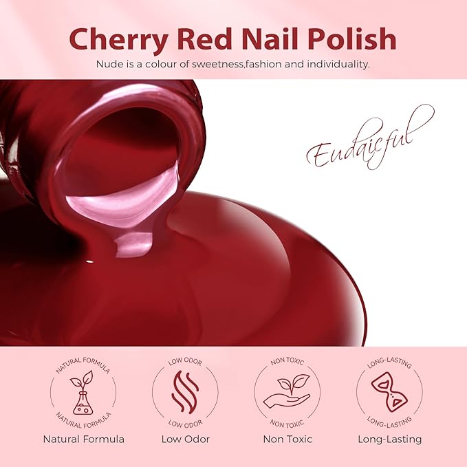 Cherry Red Nail Polish: Quick Dry Nail Polish Fingernail Polish for Women Non Gel Air Drying, Nail Lacquer for Nail Art Manicure Home DIY, 15ML