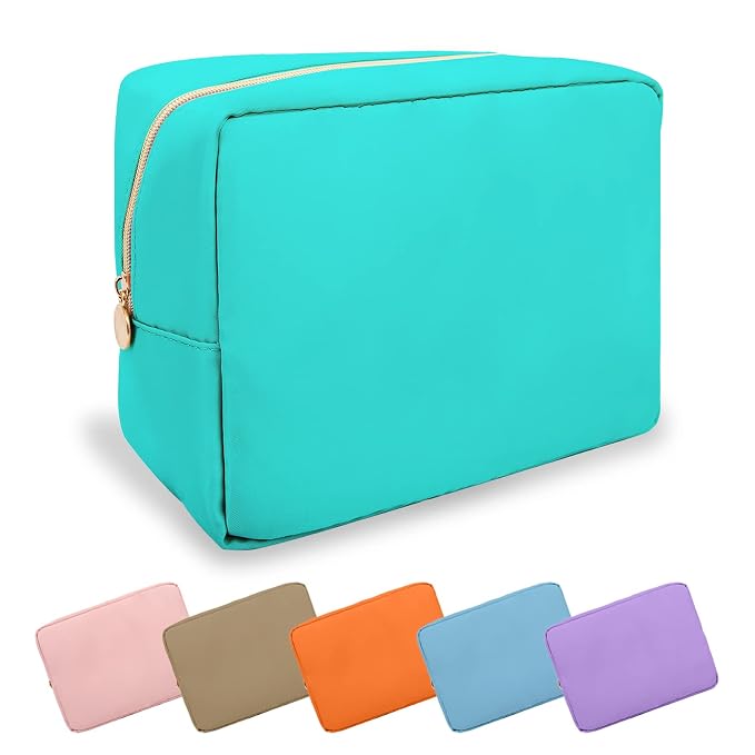 UIXIZQ Large Makeup Bag Pouch,Nylon Women Travel Toiletry Storage Bag Preppy Cosmetic Bag for Girls,Big Makeup Organizer Bag Cute Zipper Pouch Skincare Bag for Sport Work Gift(Large-Cotton Candy)